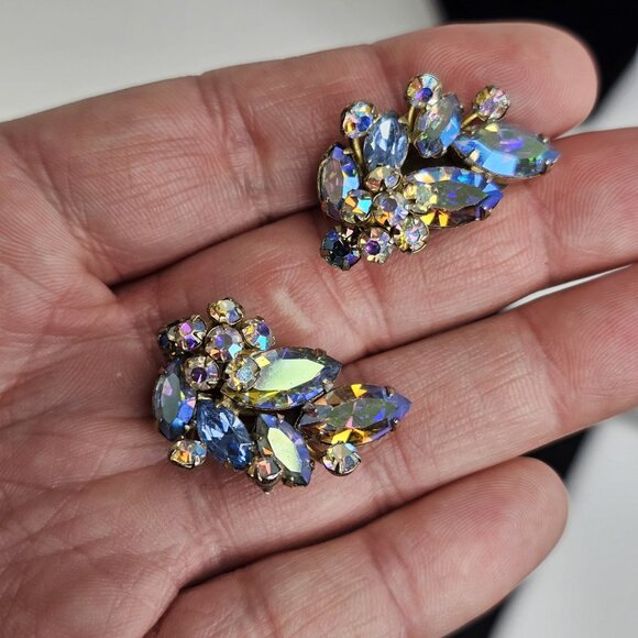 Sherman Earrings Clip On Purple Blue Pair Vintage Signed Stunning - Picture 9 of 11